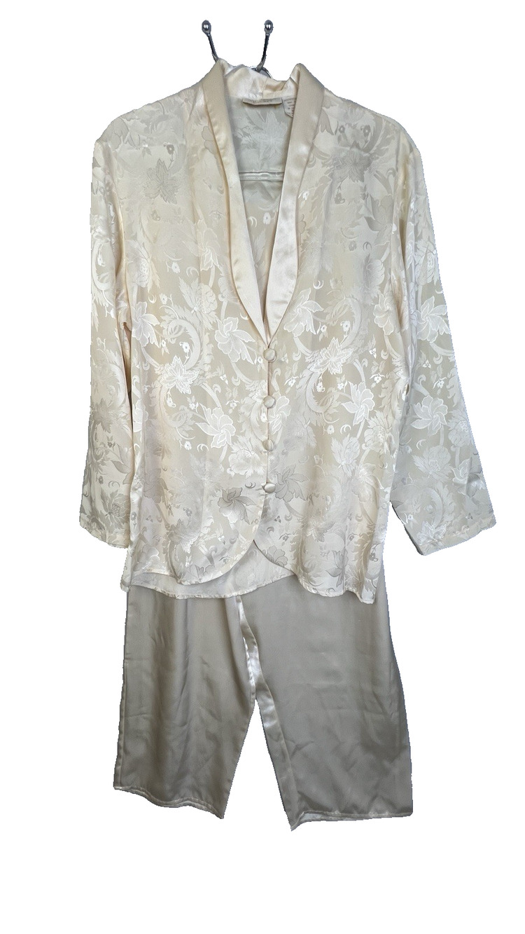 Victoria's Secret Gold Tag Vintage Pajama Set WOmen Nedium Cream Top Pants